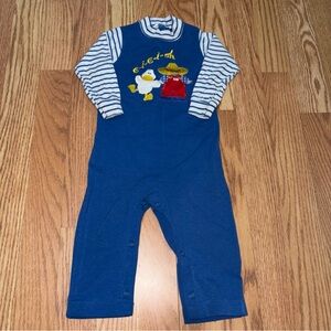 Vintage Carter's Blue Overalls with Striped Sleeves and Embroidery